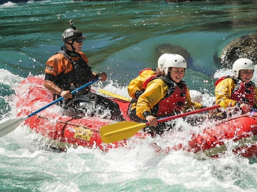 Un bote de rafting baja el río Manso entre bosque y roca, con la tripulación remando y otro bote más adelante
